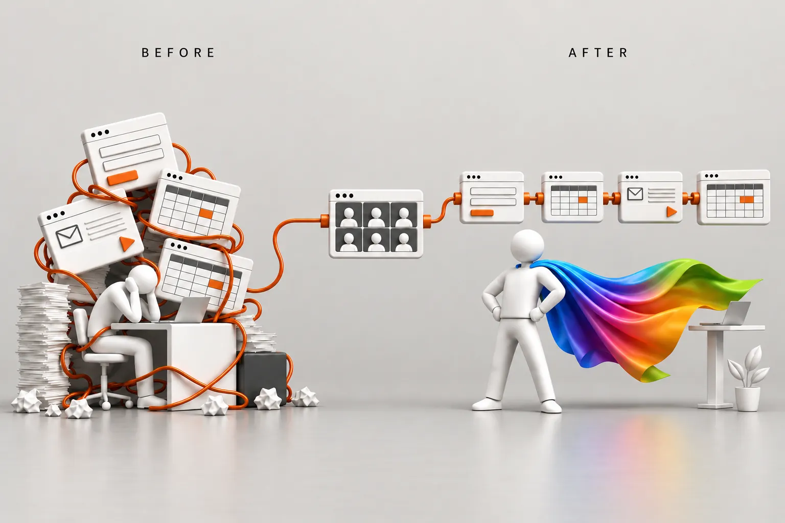 Before: a person slumped at a desk, buried under a tangled pile of forms, calendars and emails. In the middle: an online class on a video call. After: the same person standing tall in a superhero cape in the Microsoft 365 colours, the same windows now in one neat row joined by a copper cable.